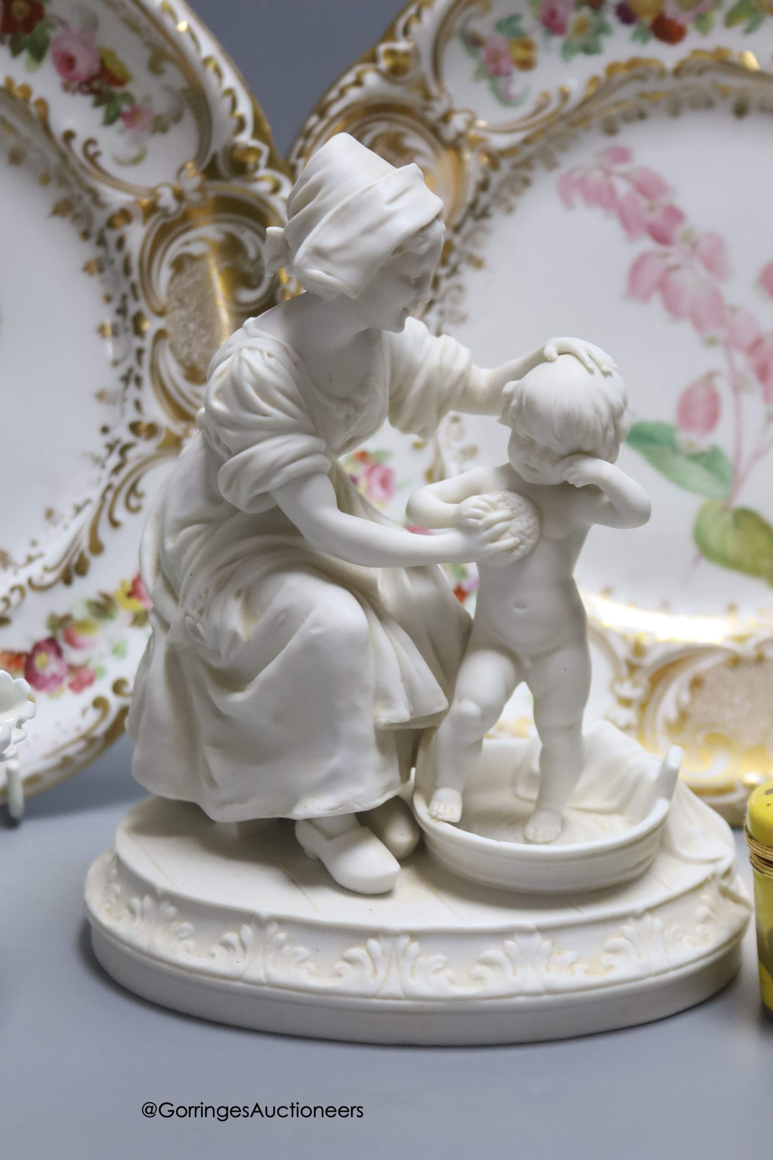 A pair Victorian dessert plates, a Parian Ware group, 'Bathtime', a Limoges box with hinged cover and a 'Celtic Weave' bowl